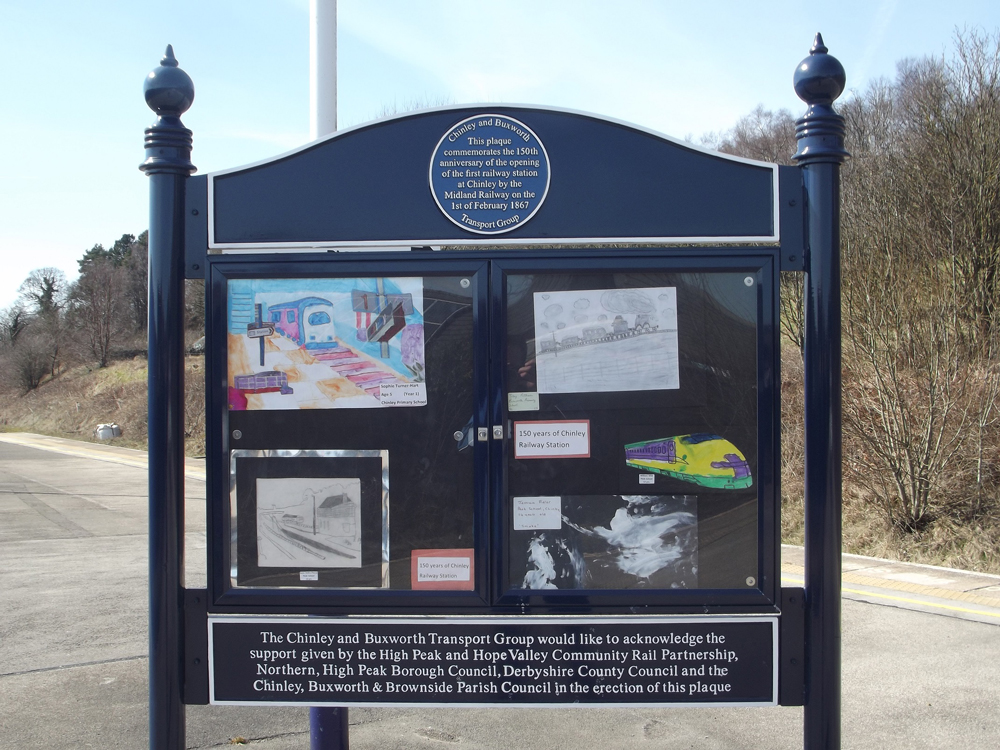 Commemorative display Board at Chinley station celebrates 150 years of the railway at Chinley