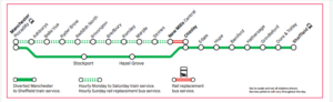 Diagram showing re-routing of trains along the Hope Valley line + stations where rail replacement services are in operation
